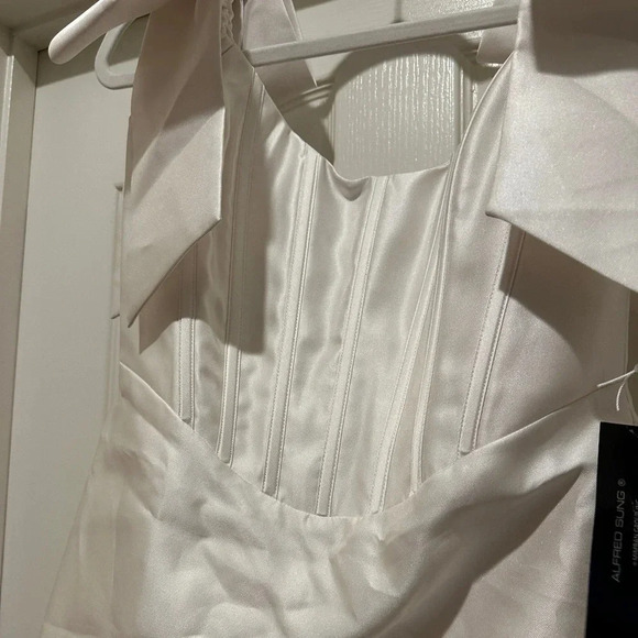 NWT Alfred Sung Satin Off-the-Shoulder Bow Corset Mini Dress - size 6 - Picture 13 of 13